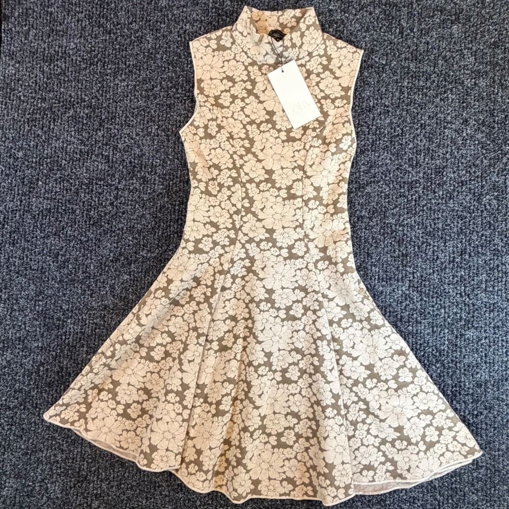 Zara Floral Jacquard‎ Knit Mini Dress Taupe Cream Mock Neck Sleeveless